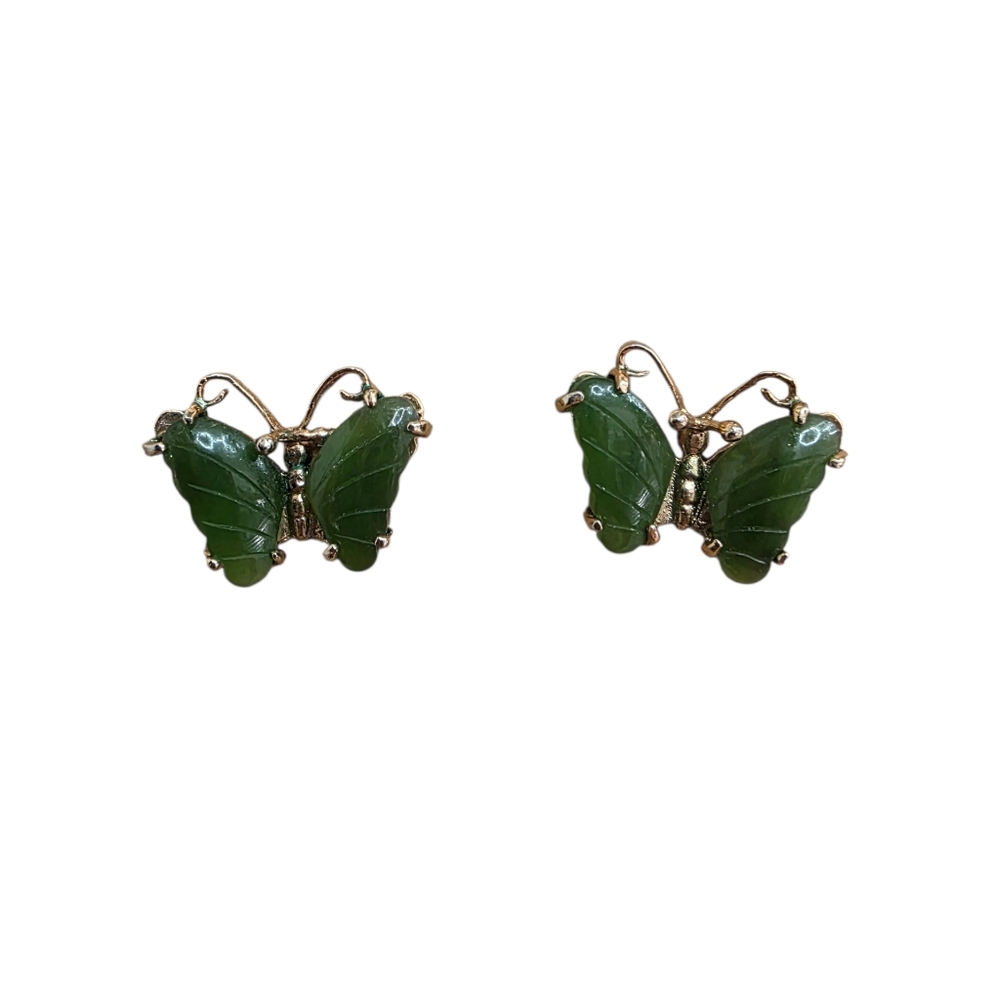 Vintage Nephrite Jade Green Butterfly Stud Earrings